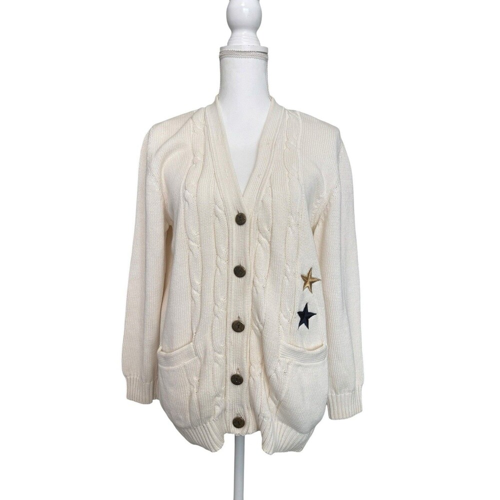 Vintage Iceberg Italy Cable Knit Cardigan Ivory Star Patch Wool Blend Size S